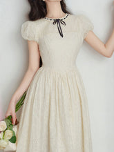 Load image into Gallery viewer, White Embroidered Bow Ribbon Crew Neck Puff Sleeve Princess Dress