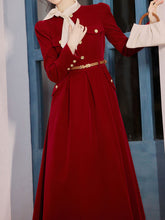 Load image into Gallery viewer, Red Velvet Vinatge Dress With Gold Buttons