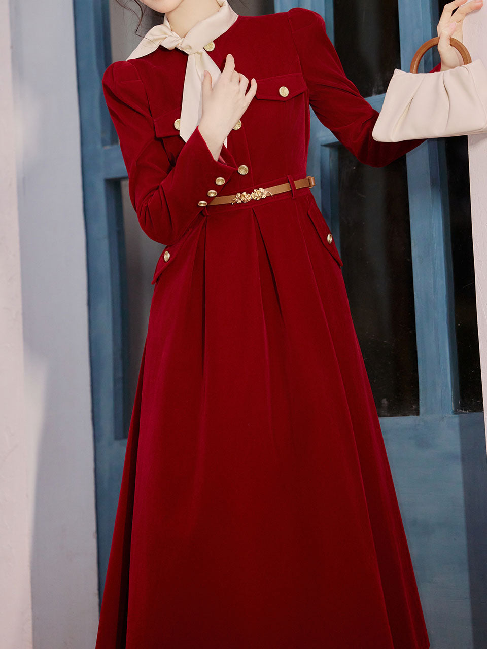 Red Velvet Vintage Dress With Gold Buttons Red / S Red Velvet Vintage Dress With Gold Buttons Red / S