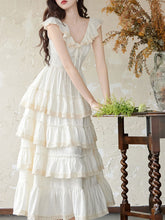 Load image into Gallery viewer, White Ruffles V Neck Layered Lace Maxi Vintage Dress