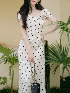 White Polka Dot Retro One Shoulder Chiffon Midi Dress