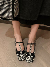 Load image into Gallery viewer, Women&#39;s Flat Heel Leopard Square Toe T-strap Rhinestone Vintage Shoes