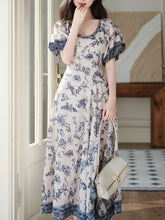 Load image into Gallery viewer, Blue Vintage Pattern Puff Sleeve Victoria Edwardian Dress