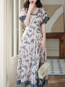 Blue Vintage Pattern Puff Sleeve Victoria Edwardian Dress