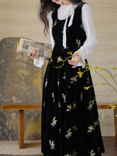 Load image into Gallery viewer, Two-Piece Set White Brushed-Lace Sweater and Black Floral Embroidered Velvet Dress