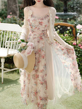 Load image into Gallery viewer, 2PS Pink Spaghetti Strap Floral Mesh Ruffles Fairycore Dress With Cardigan Suit