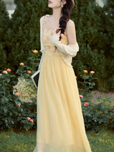 Load image into Gallery viewer, 2PS Yellow Daisy Handmade Flower Suspender Print Vintage Dress and Cardigan Suit