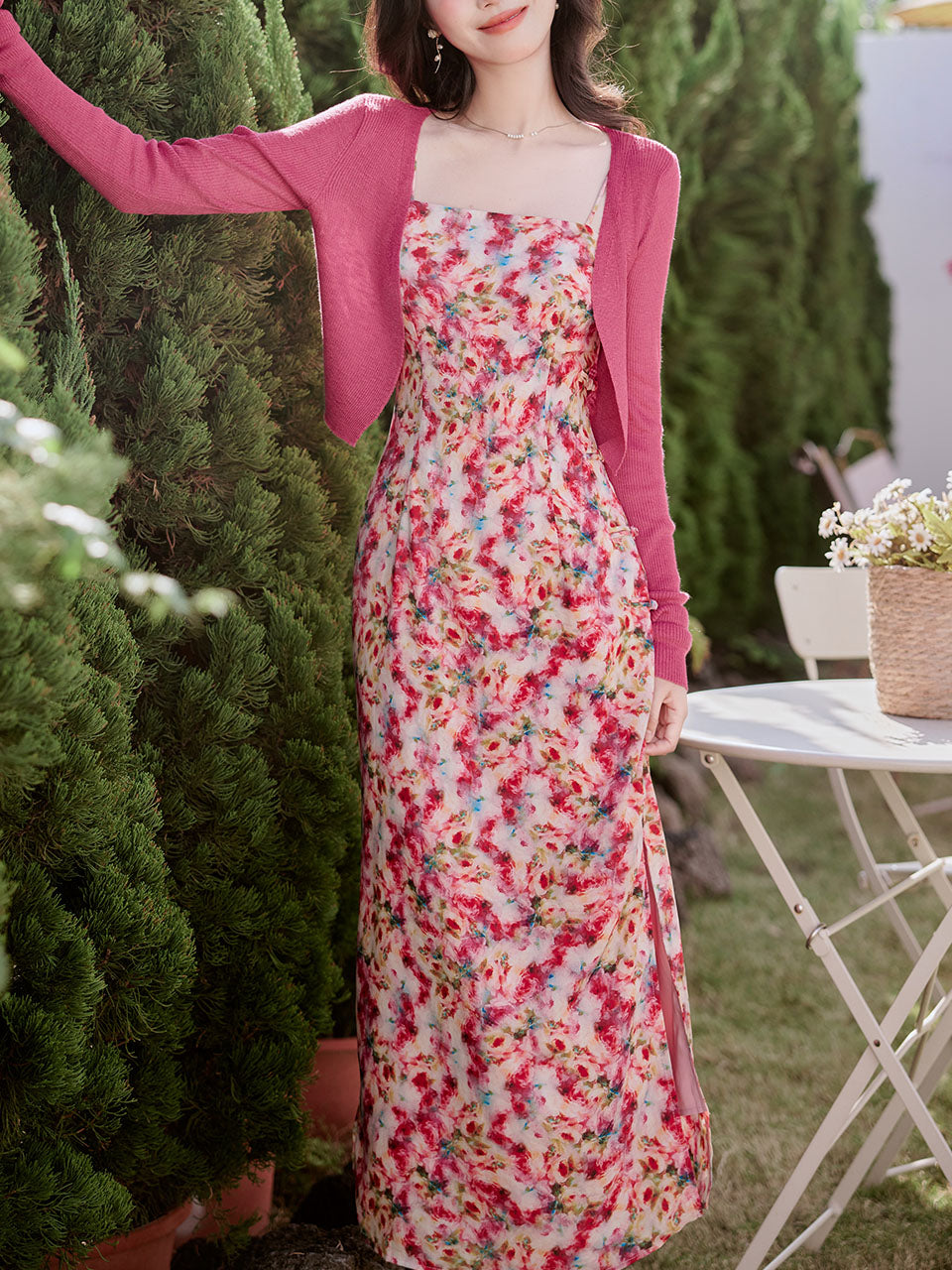 2PS Pink Floral Print Spaghetti Strap Dress With Rose Shawl Dress Suit, Pink / M