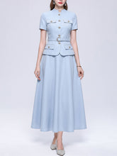 Load image into Gallery viewer, Women’s Elegance Baby Blue Short Sleeve Skirt Suit Set Elegant Work Midi Dress