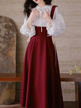 Load image into Gallery viewer, 2PS White Long Sleeve Blouse And Red Supender Skirt Dress Set
