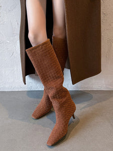 Women's Suede Knit High Heel Knee High Boots Vintage Shoes