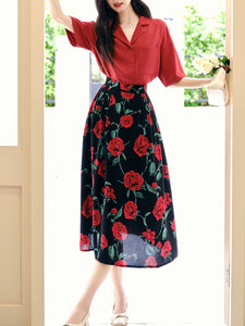 2PS Red Casual Shirt and High Waist Rose Print Skirt Outfit
