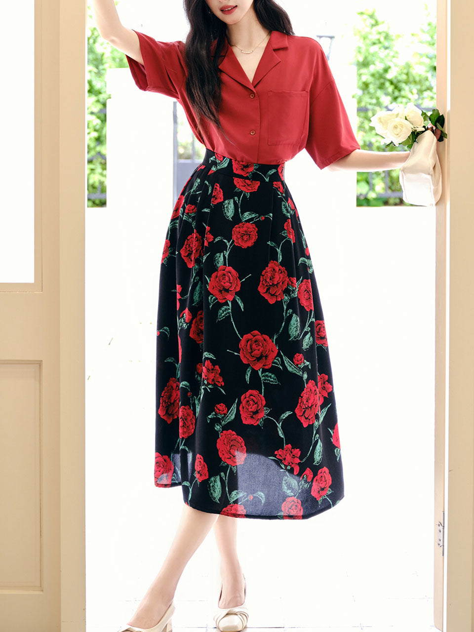 2PS Red Casual Shirt and High Waist Rose Print Skirt Outfit