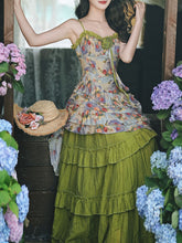 Load image into Gallery viewer, 2PS Boho Gypsy Floral Asymmetrical Maxi Dress Whimsical Green Crinkled Tiered Ruffle Dress for Festival