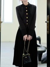 Load image into Gallery viewer, Black Bowknot Collar Gold Buttons Winter Coat and Black Skirt Vintage Set