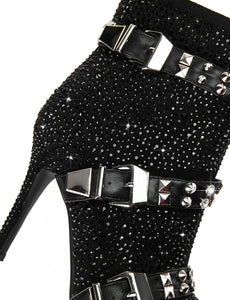 Black High Heel Pointed Toes Luxury Flower Bling Rhinestone Bootie Shoes