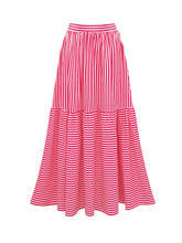 Load image into Gallery viewer, Pink and White Vertical Striped Bandeau One-Piece Swimsuit with Bathing Suit Skirt