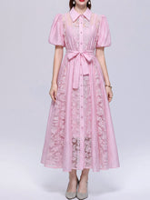 Load image into Gallery viewer, Pink Floral Lace Puff Short Sleeves A-Line Midi  Shirt Dress