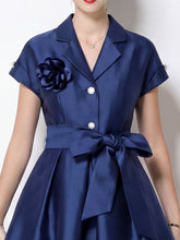 Load image into Gallery viewer, Vintage 1950s Audrey Hepburn Style Navy Satin Lapel Collar Midi Dress