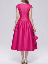 Load image into Gallery viewer, Women’s Fuchsia Satin Cap Sleeve Cocktail Midi Dress with Gold Buttons