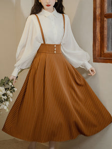 2PS White Long Sleeve Blouse And Yellow Stripe  Pockets Swing Skirt Dress Set