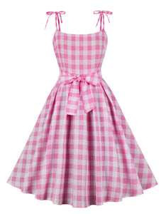 Pink And White Plaid Spaghetti Strap Barbie 1950S Vintage Dress