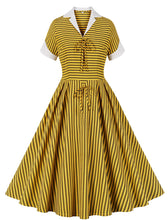 Load image into Gallery viewer, Yellow Stripe Turn Down Collar Short Sleeve 1950s Vintage Dress