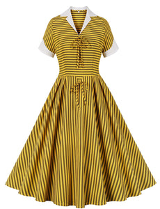 Yellow Stripe Turn Down Collar Short Sleeve 1950s Vintage Dress