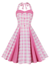 Load image into Gallery viewer, Pink And White Plaid Halter Off Shoulder Barbie Retro Dress