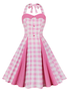 Pink And White Plaid Halter Off Shoulder Barbie Retro Dress