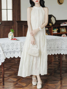 White Halterneck 1950S Vintage Dress With Back Bow