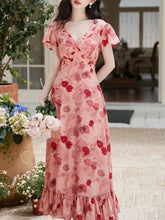 Load image into Gallery viewer, Pink V Neck Rose Print Vintage Dress
