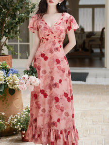Pink V Neck Rose Print Vintage Dress