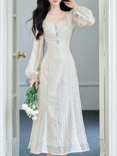Load image into Gallery viewer, White Printed V-Neck Lace Lantern Sleeve Mermaid Dress