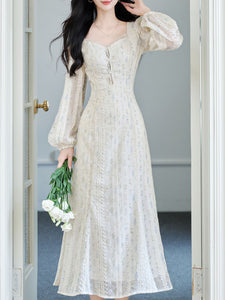 White Printed V-Neck Lace Lantern Sleeve Mermaid Dress