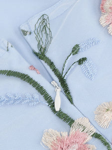 Baby Blue Semi Mesh Flower Embroidered Spaghetti Strap Sleeveless 1950S Swing Maxi Dress