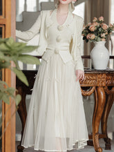 Load image into Gallery viewer, 3PS White Rose Vest And Swing Tulle Skirt 1950s Suit Vintage Audrey Hepburn&#39;s Style Outfits