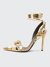 Load image into Gallery viewer, 10CM High Heel Gold Rhinestones Square Toe Twine Sandals