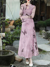 Load image into Gallery viewer, 1950S Vintage Purple Butterfly Print Long Sleeve Swing Dress