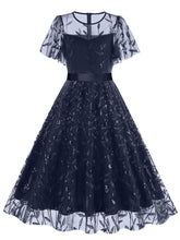 Load image into Gallery viewer, Baby Grey Semi Mesh Leaf Sequins Embroidered Short Sleeve 1950S Swing Dress