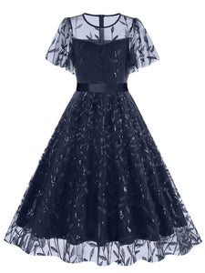 Baby Grey Semi Mesh Leaf Sequins Embroidered Short Sleeve 1950S Swing Dress