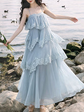 Load image into Gallery viewer, Blue Lace Spaghetti Strap Irregular Tiered Maxi Dress