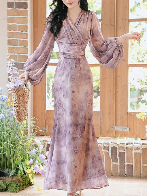 Purple Printed V-Neck Lantern Sleeve Mermaid Dress