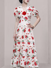 Load image into Gallery viewer, Red V Neck Floral Print Puff Sleeve Vintage Dress