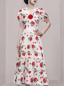 Red V Neck Floral Print Puff Sleeve Vintage Dress