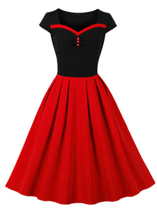 Black and Red Sweet Heart Collar Cap Sleeve 1950S Vintage Dress
