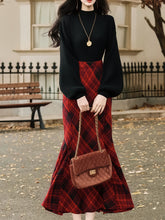 Load image into Gallery viewer, 2PS Black Sweater And Red Plaid Fishtail Skirt 1950S Vintage Audrey Hepburn's Style Outfits