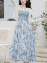 Load image into Gallery viewer, 2PS Blue Rose Spaghetti Strap 1950S Vintage Dress With Long Sleeve Ruffles Cardigan