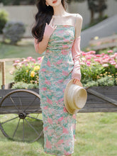 Load image into Gallery viewer, 2PS Green Floral Print Spaghetti Strap 1950S Vintage Dress With Pink Long Sleeve Cardigan