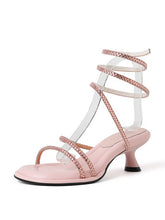 Load image into Gallery viewer, Women&#39;s Square Toe Rhinestones Stiletto Sandals Leather Vintage Shoes